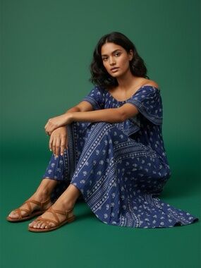 Tara by Vince Camuto Blue Patterned Dress Off Shoulder